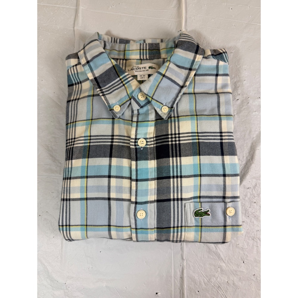 Lacoste Mens Regular Fit Plaid Button Down Shirt Blue White Cotton Large L FR 42